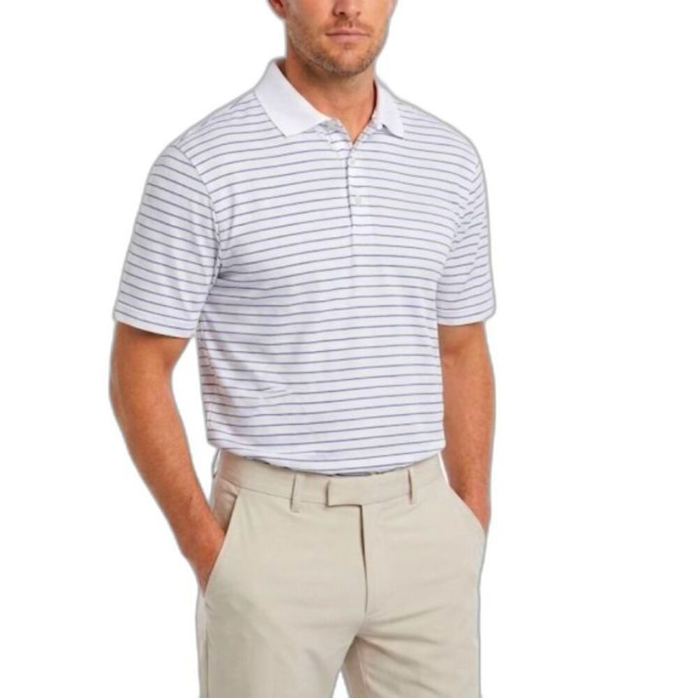 Callaway Men's White Blue Striped Cotton Classic SS Golf Polo Shirt Size L